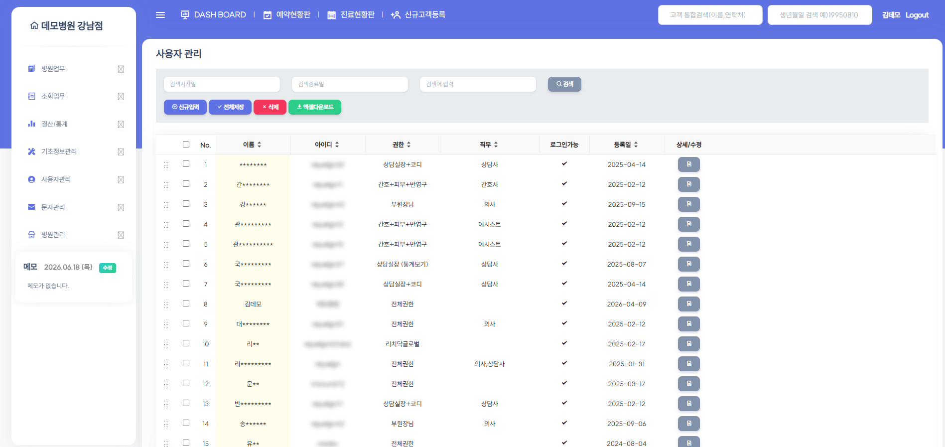 예약쏙CRM 사용자권한관리 화면